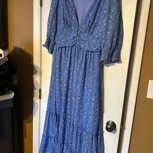 ARULA Elegant Blue Floral Midi Dress